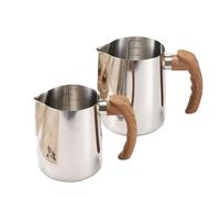 2pcs Milk Frothing Pitcher with Precise Scale Wooden Handle Stainless Steel Latte Coffee Cup Coffeeware for Making Coffee(Silver,900ML)