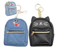 2Pcs Mini Backpack Keychain Pouch PU & Denim Mini Backpack Keychain Cable Organizer Zipper Pouch for Women & Girls, Shoulder Strap, Coin Purse, Coin Purs