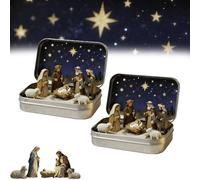 2PCS Mini Christmas Nativity Set In A Tin Box, Handmade Resin Miniature Nativity Doll Scene Set, Pocket Birth Of Jesus Manger Ornament With Holy Family Sheep Figurines, Christmas Nativitys Scene Decor