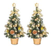 2Pcs Mini Christmas Tree with Lights, Pre-lit Small Christmas Tree for Table, Artificial Xmas Trees with Pine Cones & Ball Ornaments, Decorations for Tabletop, Bedroom, Party, Kitchen (Golden)