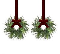 2PCS Mini Christmas Wreath,12" Artificial Greenery Norfolk Pine Wreaths with Red Ribbon,Small Christmas Wreath for Cabinets,Mini Wreaths Hanging Rings Xmas Decorations for Porch Window Wall Decor