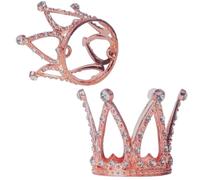 2Pcs Mini Infant Crown Baby Princess Tiara Cake Topper Crystal Rhinestone Small Rose Gold Cupcake Crown for Newborn Photo Prop Royal Prince Themed Birthday Wedding Christmas Party Decorations