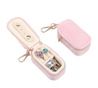 2Pcs Mini Jewelry Keychain, Travel Jewelry Case Keychain with Metal Hanging Hook, Ring Slot and Compartment, Portable Velvet Ring Holder Box, Pink Simple and Elegant for Stud Trinket