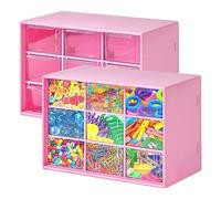 2Pcs Mini Plastic Drawer Organiser, Desk Storage Organizer with 9 Drawers Stackable Clear Plastic Box Desktop Drawer Organizer for Storing Jewellery Pins Screws and Small Parts (Rose Red)