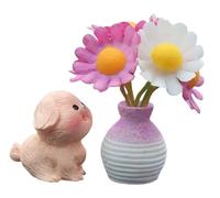 2Pcs Miniature Flower Vases with Dog, Realistic Handmade Dollhouse Daisy Vases for Micro Landscape, Resin Floral Decorations for Fairy Garden,Car Decoration