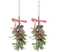 2pcs Mistletoe Christmas Decoration, Plaid Red Bow Berries Mistletoe Kissing Ball Glitter Christmas Berry Tree Hanging Ornaments Dry Leaf Hanging Party Decoration for Tree Door