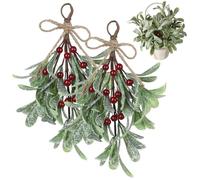 2Pcs Mistletoe, Hanging Artificial Mistletoe Picks with Red Berries & Sparkling Snowflakes for Couple Home Party Decor
