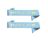 2PCS, Mom to be & Dad to be Sash Set, Light Blue Satin with Gold Letters, Best Baby Shower Decorations Mother Father Gifts, Gender Reveal Party Boy Or Girl Neutral Twins
