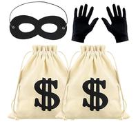 2Pcs Money Bags,17x25cm Drawstring Canvas Bag,1 Pair Thief Gloves &1Pcs Black Bandit Eye Mask,Creative Cash Coins Pouches,for Fancy Dress Halloween Party Favors Pirate Cowboy Cosplay Theme Party Swag
