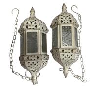 2PCS Moroccan Hanging Decorative Candle Lantern Holder Metal Tealight Candlestick Holder Glass Indoor Outdoor Candle Holder Courtyard Hanging Decoration (Vintage White)