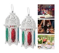 2Pcs Moroccan Retro Iron Candle Lantern, Stained Glass Decorative Lantern Candle Holder Hanging Lamp Lantern Tea Light Holders for Patio Indoors Outdoors Events, 2.8x6.3inch