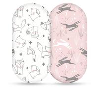 2PCS Moses Basket Sheets, 100% Organic Cotton Breathable Cot Bed Sheet, Ultra Soft Pram Fitted for Hourglass Rectangular Oval Bassinet up to 82 X 41cm, Fox & Rabbit