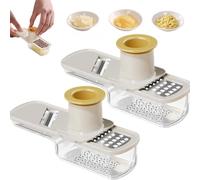 2PCS Multifunctional Garlic Grinder, 3 in 1 Mini Garlic Slicer Multi-Functional Slicer Veggie Shredder, Mini Slicer That Can Grind,Stainless Steel Ginger Crusher with Container for Kitchen -Beige