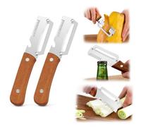2PCS Multifunctional Vegetable Peeler Shredder, 3 in 1 Vegetable & Julienne Peeler/Bottle Opener, Stainless Steel Multi Functional Kitchen Gadget Tool with Wooden Handle for Potato, Apple, Fruit