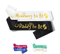 2PCS Mummy to Be & Daddy to Be Baby Shower Sash Set,Black and White Satin with Gold Letters Sash for New Mom Dad Baby Shower Party Gender Reveal Supplies Decorations (Black&White)