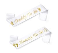 2Pcs Mummy To Be Sash Daddy To Be Sash for Baby Shower (Gold and White)