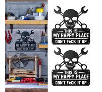 2pcs My Happy Place Sign Metal Skull and Crossed Wrenches This Is My Happy Place Don't f It Up Wall Art Sign Personalised Man Cave Metal Sign Decor for Bar Garage Tool Zone (7.67×7.87in)
