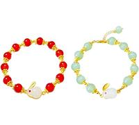 2Pcs Natural Jade Rabbit Bracelet 2023 Chinese New Year Feng Shui Yutu Bracelet Good Luck Bunny Bracelets For Women s Jewelry Gift, Red, Green Clever and attractive