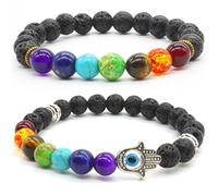 2pcs Natural lave Stone Bracelet 7 Chakras Bead Reiki Healing Bracelet for Woman Man Yoga Meditation Stretch Bracelet