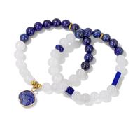 2Pcs Natural Stone Handmade Beaded Bracelet Unisex, 8mm Dark Blue Lapis Lazuli White Jades Stretch Bracelet with Rhombus Charm Fashion Party Bangle 8mm