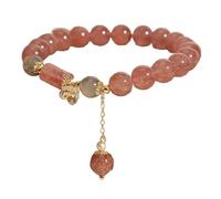 2pcs Natural Strawberry Quartz Beaded Bracelet for Women - Elegant Pink Gemstone Stretch Bracelet with Gold Tone Chain Dangle, Faux Pearl & Moonstone Accents, Unique Charm Present for Her (1)