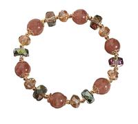 2pcs Natural Strawberry Quartz Beaded Bracelet for Women - Elegant Pink Gemstone Stretch Bracelet with Gold Tone Chain Dangle, Faux Pearl & Moonstone Accents, Unique Charm Present for Her (2)