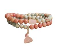2pcs Natural Strawberry Quartz Beaded Bracelet for Women - Elegant Pink Gemstone Stretch Bracelet with Gold Tone Chain Dangle, Faux Pearl & Moonstone Accents, Unique Charm Present for Her (4)