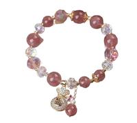 2pcs Natural Strawberry Quartz Beaded Bracelet for Women - Elegant Pink Gemstone Stretch Bracelet with Gold Tone Chain Dangle, Faux Pearl & Moonstone Accents, Unique Charm Present for Her (3)