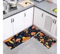 2Pcs Non Slip Kitchen Runner Sets, Mushroom Plant Orange Washable Anti Fatigue Floor Mat, Cartoon Kitchen Rug Set for Hallway, Entryway, Sink, Laundry, 40x60cm+40x120cm