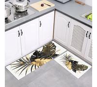 2Pcs Non Slip Kitchen Runner Sets, Palm Leaf Black Washable Anti Fatigue Floor Mat, Modern Art Kitchen Rug Set for Hallway, Entryway, Sink, Laundry, 40x60cm+40x120cm