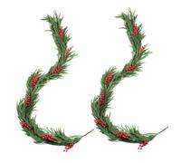 2pcs Norfolk Pine Garlands, 6ft Artificial Norfolk Winter Cedar Garlands with Assorted Faux Red Berries Funny Christmas Mantle Fireplace Stair Decoration Accessories for Indoor Outdoor Decor
