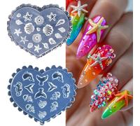 2PCS Ocean Theme Silicone Nail Art Molds, Heart Shape Seashell Starfish Design, Resin Molds for 3D Gel Manicure, Nail Charms Carving Stencils