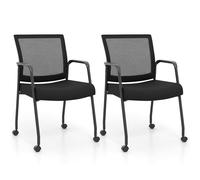 2Pcs Office Guest Chairs on Wheels - Ergonomic Mesh Back, Padded Seats, 160kg Capacity, Rust-Resistant Frame, 360 Swivel, Meeting Room Ready, Black