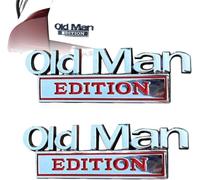 2PCS Old Man Edition Car Emblem, Old Man Edition Car Badge, 3D Metal Emblem Decal Cars Nameplate Sticker for Old Man, Truck Emblems for Cars Side Rear Tailgate Bumper Stickers (Silver Red)