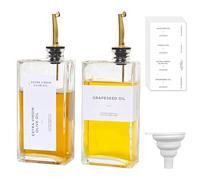 2Pcs Olive Oil Dispenser Bottles for Kitchen - 500ml Glass Oil & Coffee Syrup Dispenser Set with Weighted Drip-Free Pourer, Waterproof Labels & Silicone Funnel - Elegant Gold Cruets (16.9oz)