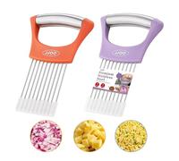 2PCS Onion Slicer Holder, JJOO Stainless Steel Onion Cutter for Slicing and Storage Onions, Tomato, Eggs and Vegetables, Protective Cover Included, Dishwasher Safe (Stylish orange+ Purple Color)