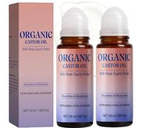 2PCS Organic Castor Oil Rose Quartz Roller Ball, Organic Castor Oil Roll On, Cold Pressed Moisturizing Oil for Brows, Lashes, Face, Hairline & Dry Skin, Travel Friendly Leakproof Roller Bottle