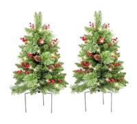 2Pcs Outdoor Prelit Christmas Tree 30" Prelit Pathway Christmas Trees with Berries & Pinecones Urn Filler with Stake for Patio, Yard, Garden, Porch Decor