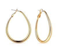 2pcs Oval Hoop Earrings for Women, S925 Sterling Silver Teardrop Shaped Oval Hoop Earrings Big Large Simple Hook Earrings for Teens Girls, Lightweight & Easy to Wear (Gold)