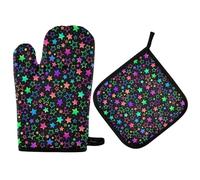 2pcs Oven Gloves And Pot Holders Set Bright Neon Stars Mitts For Grilling Thicken Long Microwave Mitts For Baking Barbecue, Microwave, Kitchen