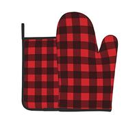 2pcs Oven Gloves And Pot Holders Set Red Buffalo Plaid Pattren Microwave Oven Glove Heat Resistant Kitchen Mitts For Cooking, Baking, Grilling