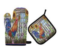2pcs Oven Gloves And Pot Holders Set Vintage Rooster Sunflowers Bbq Gloves Heat Resistant Kitchen Gloves For Kitchen, Baking, Baking Barbecue