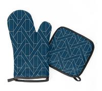 2Pcs Oven Mitts And Pot Holders Blue Geometric Pot Pads Durable Soft Cotton Lining Baking Mittens, For Kitchens, Baking, Microwave