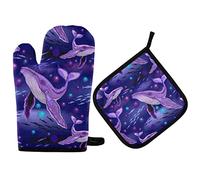2Pcs Oven Mitts And Pot Holders Magic Whales Purple Whales Oven Gloves Heat Resistant Soft Cotton Lining Kitchen Potholders, For Bbq, Baking, Grilling