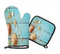 2Pcs Oven Mitts And Pot Holders Seashells Blue Wooned Pot Pads Waterproof Durable Kitchen Potholders, For Microwave, Kitchens, Grilling