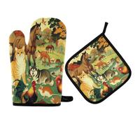 2pcs Oven Mitts And Pot Holders Set Artistic Farm Cat Dog Rooster Bbq Gloves Gauntlet Kitchen Gloves For Grilling, Kitchen, Cooking