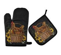2pcs Oven Mitts And Pot Holders Set Autumn Sunflowers Rooster Bbq Gloves Washable Kitchen Gloves For Microwave, Baking, Grilling