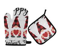 2pcs Oven Mitts And Pot Holders Set Buffalo Check Plaid Gnomes Happy Love'S Day Microwave Mitts Thicken Long Kitchen Gloves For Baking Barbecue, Microwave, Kitchen