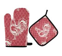 2pcs Oven Mitts And Pot Holders Set Chinese Style Rooster Kitchen Mitts Heat Resistant Kitchen Gloves For Grill, Baking Barbecue, Microwave