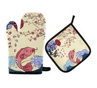 2pcs Oven Mitts And Pot Holders Set Japanese Koi Fish Traditional Asian Art Mitts For Grilling Premium Microwave Oven Glove For Baking Barbecue, Grilling, Microwave